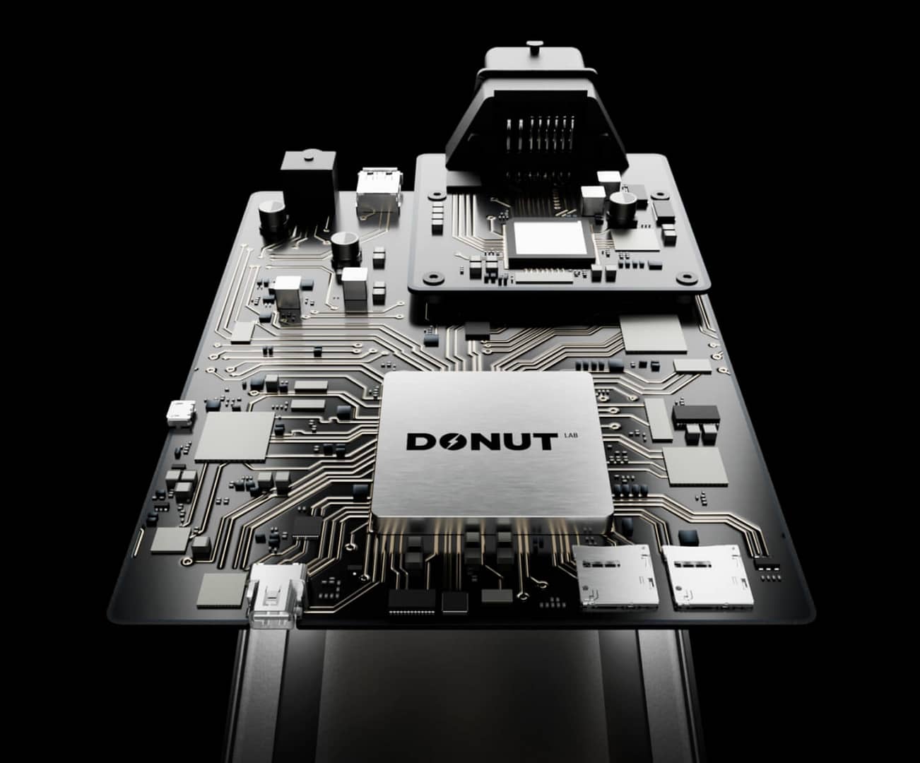 Close-up of a computer circuit board with various components. A central chip is labeled "DONUT," and intricate circuitry is visible. The background is a dark gradient, highlighting the board's design.
