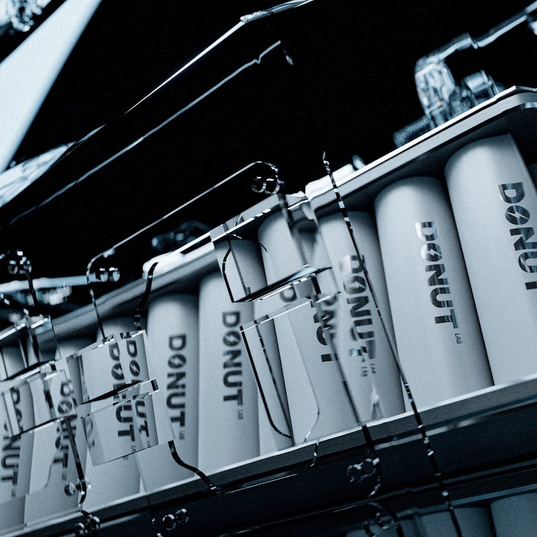 A close-up of several cans labeled "DONUT" in a vending machine. The lighting is dim and dramatic, casting shadows and highlighting the sleek metal bars of the machine. The composition is striking and modern.
