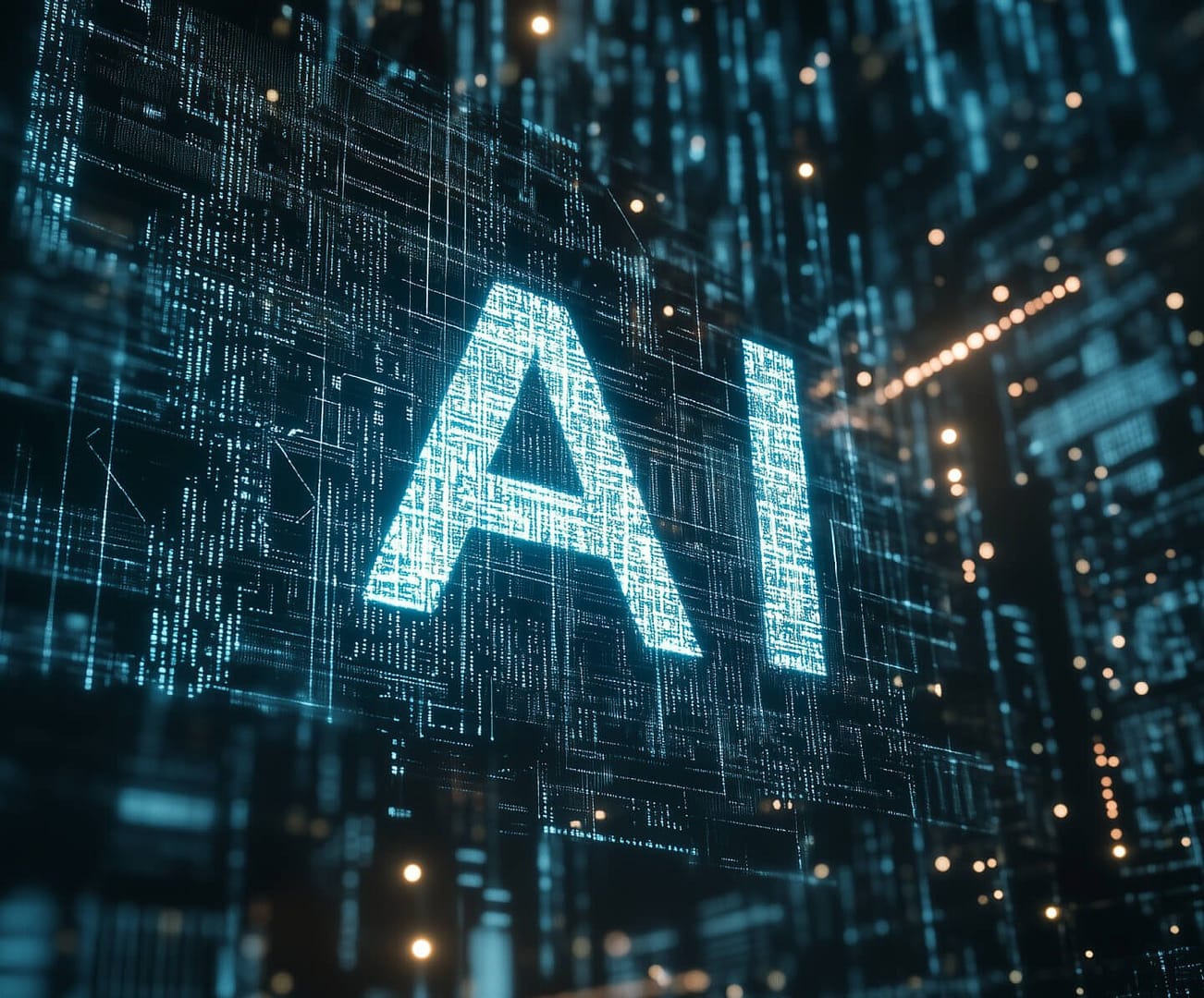 A digital illustration featuring the letters "AI" in glowing blue, surrounded by intricate circuitry patterns and light particles on a dark background, symbolizing advanced technology and artificial intelligence.
