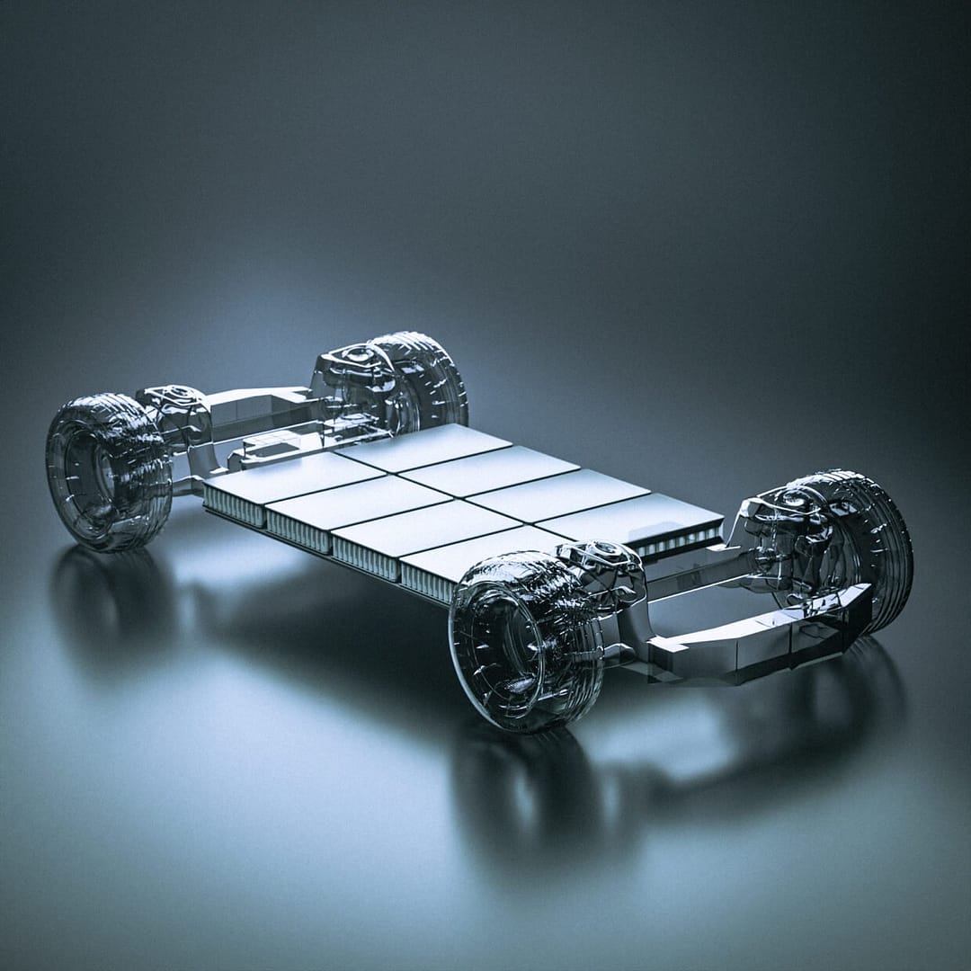 A futuristic, sleek electric vehicle chassis design displayed on a smooth, reflective surface. The image highlights the battery pack layout and four transparent wheels, showcasing advanced engineering and innovation.