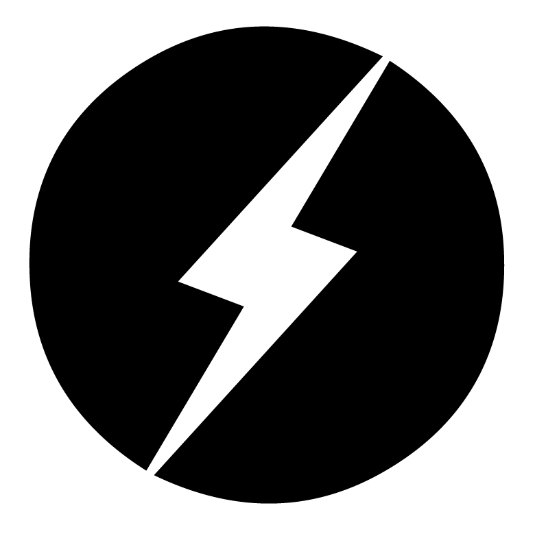 A black circle with a white lightning bolt symbol inside it, centered on a plain white background.