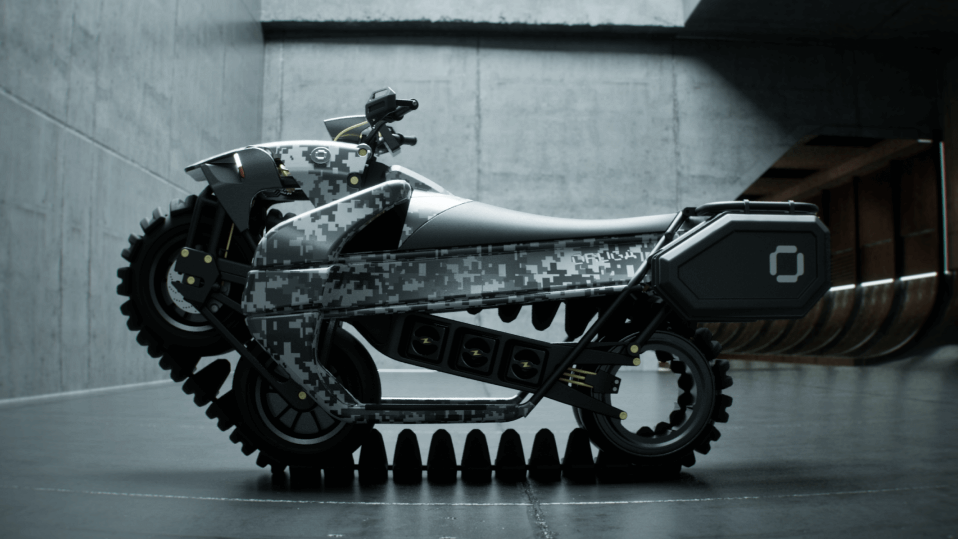 A futuristic motorcycle with a digital camouflage pattern is parked indoors. It features unique, gear-like wheels and has angular design elements, set against a backdrop of concrete walls and a wooden ramp.