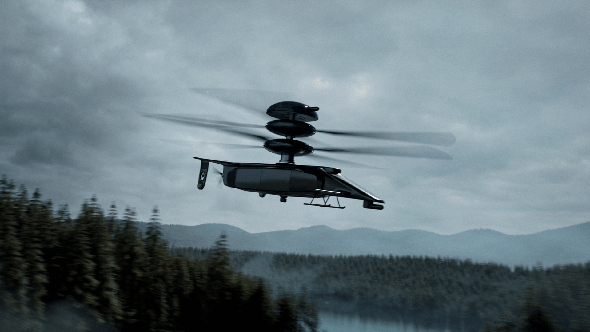 A futuristic helicopter with dual rotors flies over a dense pine forest, set against a backdrop of misty mountains and a cloudy sky.